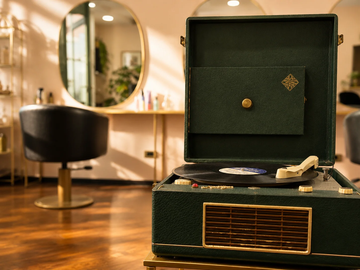 Dettaglio dell'atelier Haniel: giradischi vintage, poltrona e specchio tondo oro