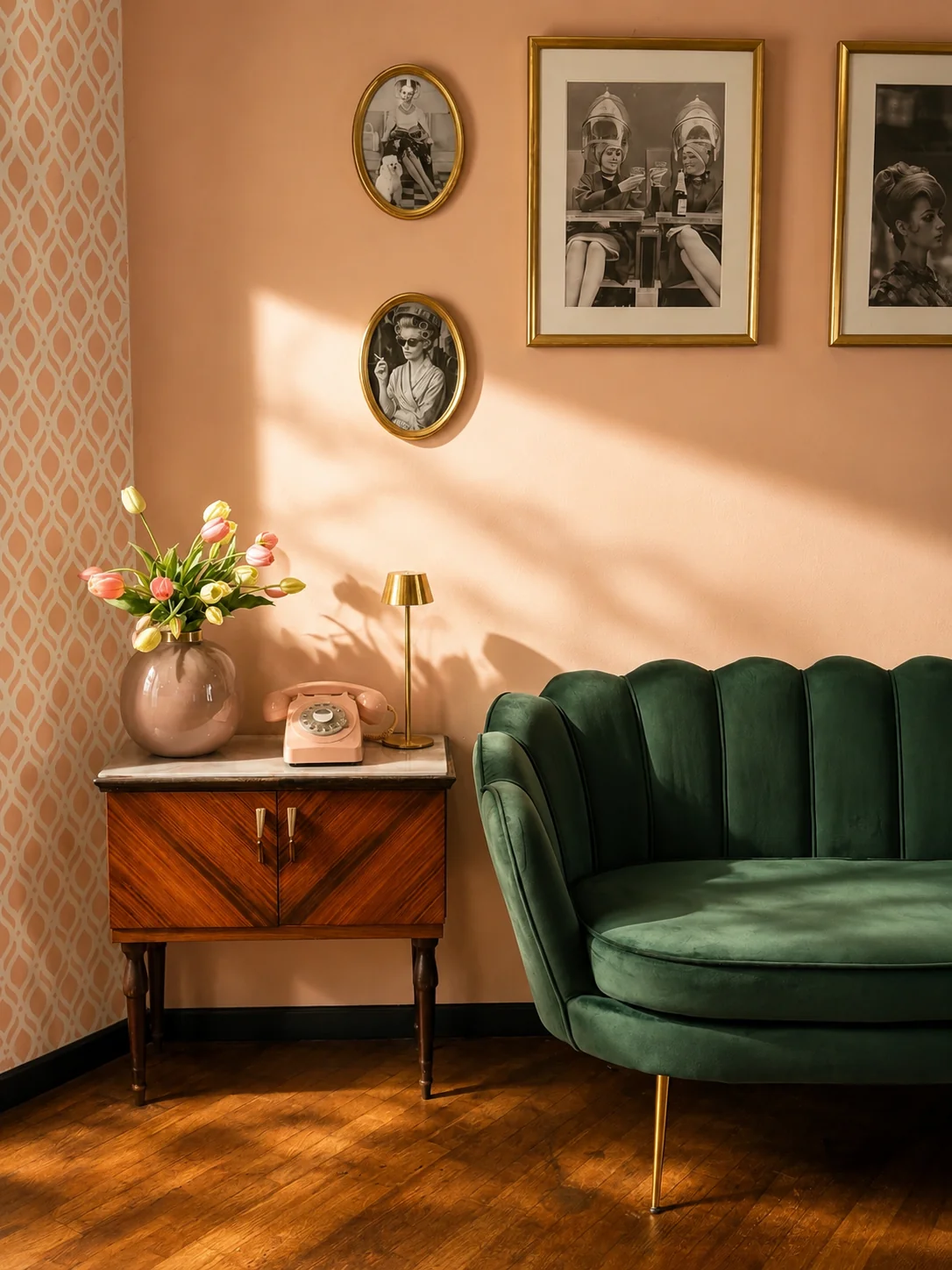 Angolo dell'atelier Haniel: divano in velluto verde, ritratti vintage e telefono rosa