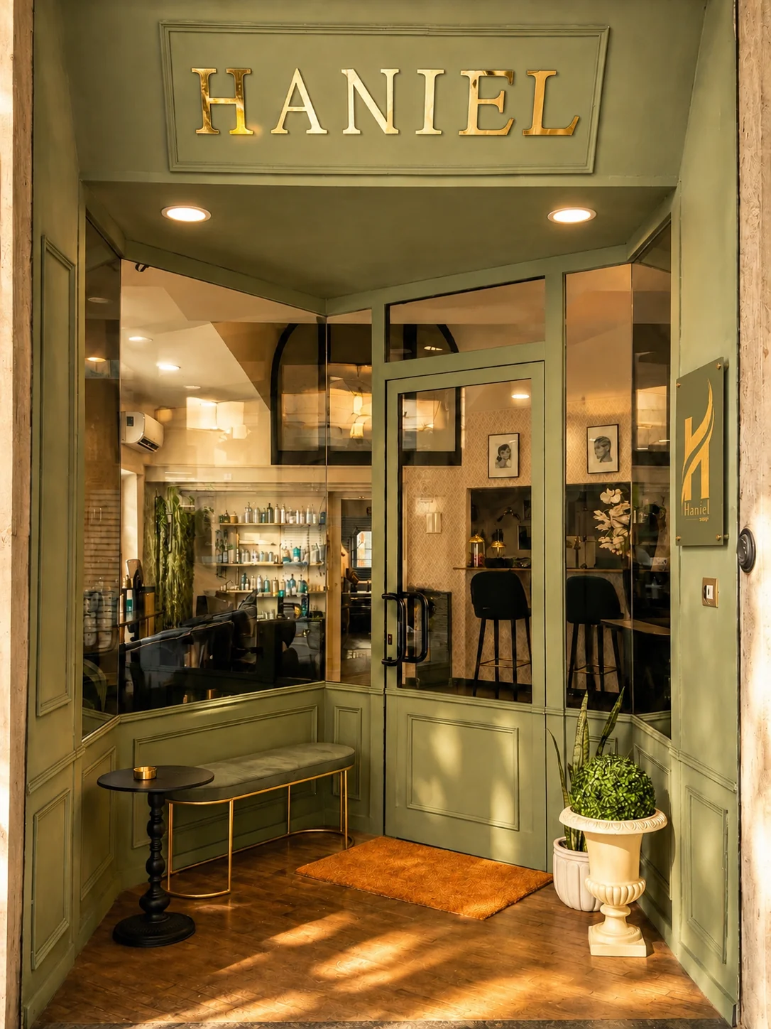 L'ingresso di Haniel Hair Atelier con insegna dorata, Via S. Lucifero 47, Cagliari